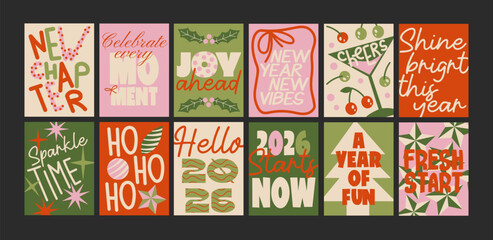 Obraz premium Christmas new year posters in cartoon style. Holiday gifts, santa, christmas tree, coziness. Holiday seasonal vector postcards in retro groovy style. picture for wall and for printing 