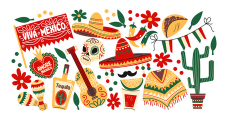 Mexican fiesta stickers in retro cartoon. Traditional holiday set: sombrero, poncho, tequila, guitar, maracas, cactus, chili, flowers. Celebration illustration for Cinco de Mayo, party decor