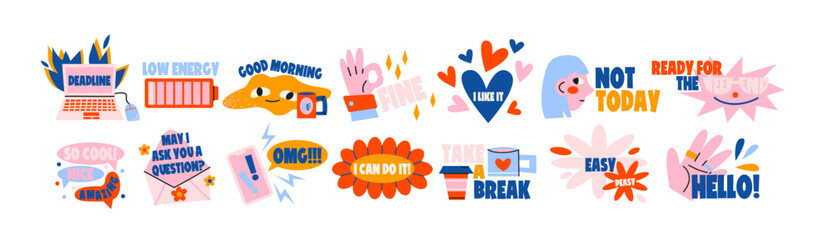 Obraz premium Text stickers with phrases and emotions in retro cartoon style. Colorful set of words and slogans: hello, deadline, good morning, omg, take a break, love. Trendy doodle shapes for chat, social media 