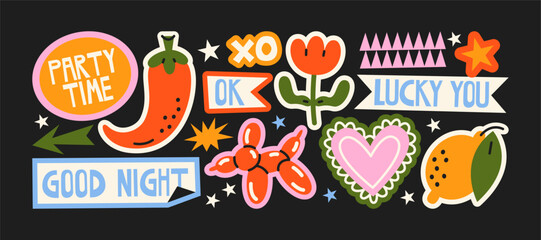 Futuristic y2k patches, labels, tags, stickers, bracelet stamps in retro. Cartoon stickers in funky hipster groovy grunge 90s style. Vector set, trendy promo labels	