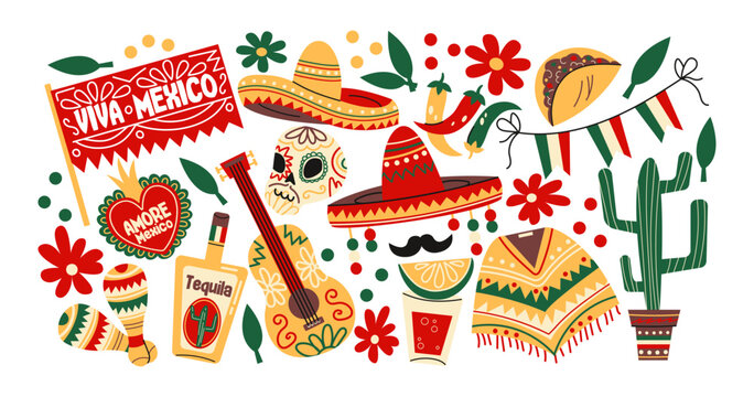 Mexican fiesta stickers in retro cartoon. Traditional holiday set: sombrero, poncho, tequila, guitar, maracas, cactus, chili, flowers. Celebration illustration for Cinco de Mayo, party decor