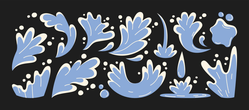 Water splash effects in retro cartoon style. Decorative set of dynamic drops, waves, splashes and liquid motion. Universal blue fluid collection for design projects, posters, stickers, comics 
