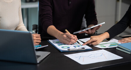 Project manager working and update tasks with milestones progress planning and professional investor working new start up project in the office.
