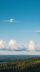 Full Moon Daytime Sky over Lush Green Forest clouds