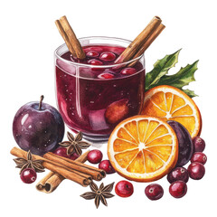Watercolor illustration of a festive mulled wine with fruit and spices.