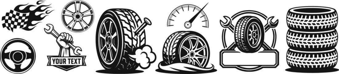 Set of car wheels, tattoo and logo design, vector illustration.	