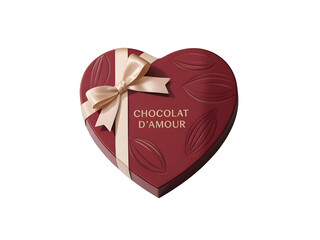 Heart shaped maroon chocolate gift box labeled Chocolat dAmour, tied with a luxurious champagne ribbon.