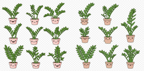 Cartoon ZZ plants in pots with faces on a transparent background.