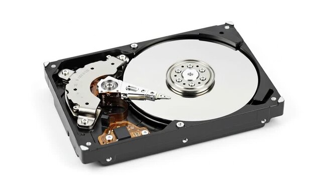 A hard drive is displayed with its top cover removed showcasing the shiny platter and the readwrite head assembly
