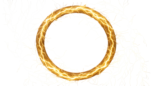 Golden electric ring isolated on transparent background, radiating energy and power with a mesmerizing display of vibrant lightning bolts