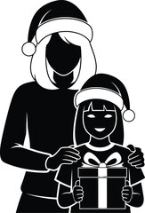A woman and a girl with a christmas gift wearing santa hats editable stock