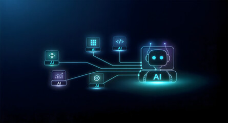 AI orchestration in a multi-agent system. A central bot coordinates specialized application agents for software development, data analytics, and computer vision.