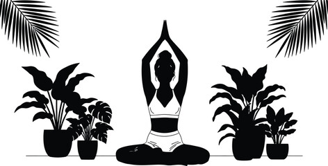 Woman in yoga pose surrounded by plants and palm fronds artwork editable stock