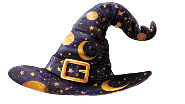 Black witch hat Halloween accessory pointed cone costume spooky magical wizard sorcerer headwear fantasy isolated on white background