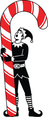 Elf embracing a large candy cane with a surprised expression on face editable stock