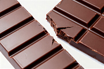 lose-up of a Broken Dark Chocolate Bar with Crumbled Pieces on a White Background, Highlighting the Rich Cocoa Texture
