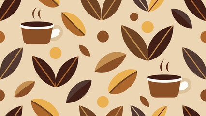 Seamless pattern with coffee cups, beans and abstract leaves in warm brown tones on a beige background
