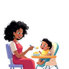 Vsai mother feeding happy baby in high chair