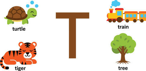 Illustration of letter t with turtle tiger train and tree images editable stock