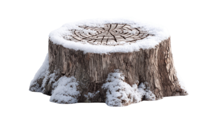 Tree stump covered with snow winter season frozen nature woodland forest trunk cold landscape natural outdoor scene isolated on white background