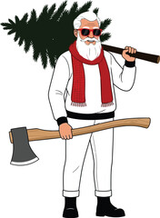 Cartoon santa claus with christmas tree and axe on white ground editable stock