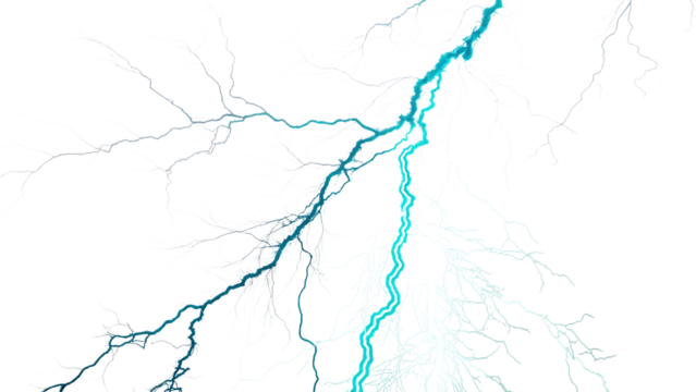 A vibrant lightning strike isolated on transparent background, showcasing the dynamic and colorful display of electrical energy in the atmosphere