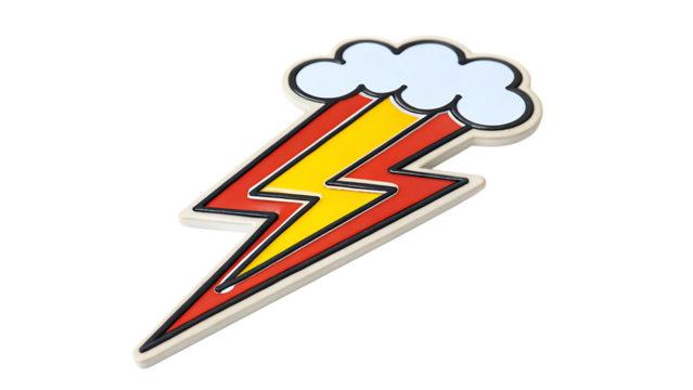 Cartoon lightning bolt with cloud isolated on transparent background, featuring a playful and vibrant design with a touch of whimsy