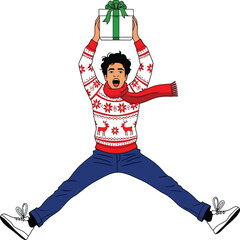 Man in christmas sweater jumping with gift box above his head editable stock