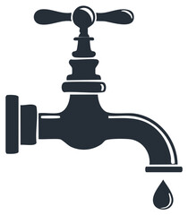 Isolated Antique Faucet Vector Illustration with Water Drop, Plumbing Fixture in Black Color