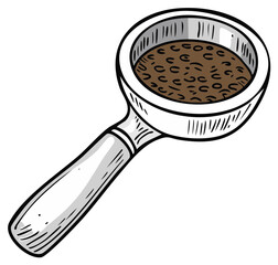 Sketch Style Coffee Grounds in a Portafilter Basket: Espresso Preparation for Barista Equipment and Coffee Drink