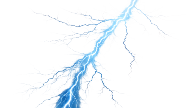 A striking blue lightning bolt isolated on transparent background, showcasing natures raw power and electrical discharge phenomenon