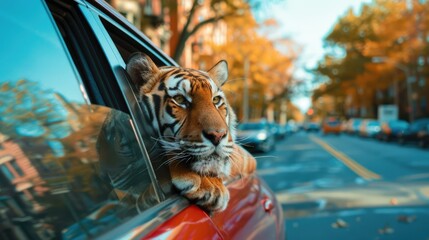 Tiger enjoys a fun car ride, sticking his head out of the window and admiring the beautiful view of the street.