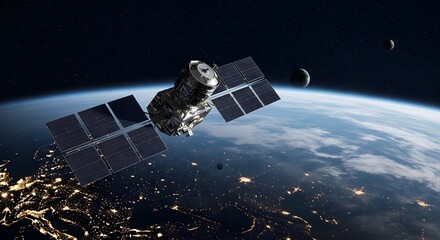 Satellite Orbiting Earth with Reflective Solar Panels in Ultra-Realistic Cinematic Space Scene