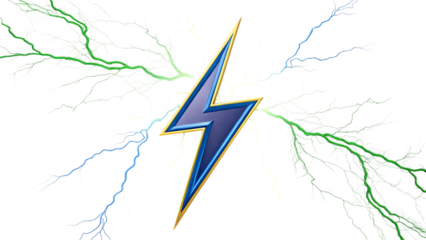 A striking blue lightning bolt with green and blue electrical arcs isolated on transparent background, symbolizing power and energy