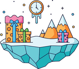 Cartoon illustration of gifts clock and mountains on ice floe editable stock