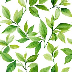 Fototapeta premium Seamless pattern of fresh green leaves on white background, natural foliage texture for botanical design and fabric.