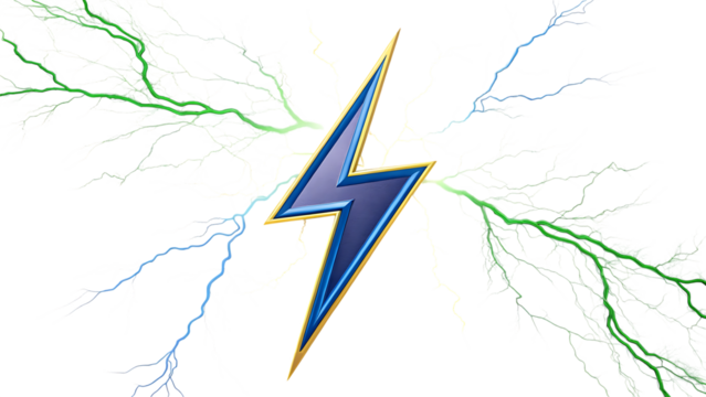 A striking blue lightning bolt with green and blue electrical arcs isolated on transparent background, symbolizing power and energy