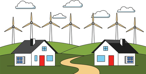 Illustration of houses windmills clouds and a winding path way editable stock