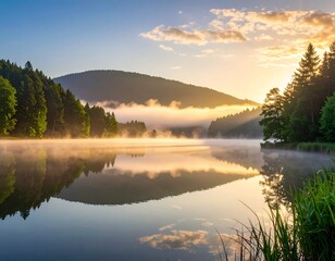 朝日が差し込む湖畔の美しい風景