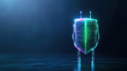 Futuristic Robot with Shield in Neon Light Environment