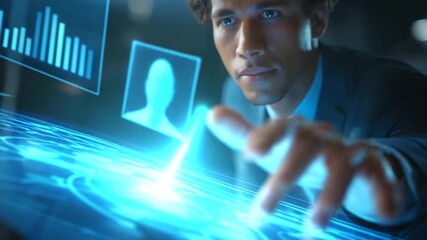 A futuristic CRM platform glows with holographic client engagement tools. Customer profiles hover in the air as glowing charts track satisfaction and loyalty. A businessman leans - Powered by Adobe