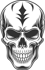 Detailed Black and White Vector Skull Illustration with Central Tribal Motif, Aggressive Tattoo Style Artwork Representing Death, Power, and Gothic Design.
