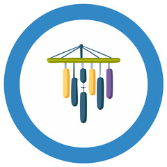 Ornamental wind chime with hanging rods inside a blue circular frame illustration
