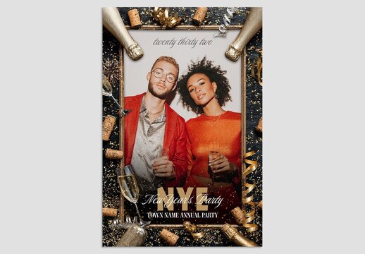 NYE Party Flyer Template for New Year's Eve Events with Luxury Champagne Bottle Service Theme