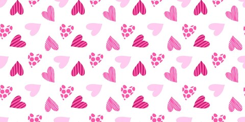 Pink heart seamless pattern with stripes, dots, and solid shapes on white. Cute romantic design for Valentine’s Day, love decor, and girly fabric prints. Mother's day, women's day background.