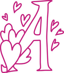 A monogram letter hand drawn with hearts. Pink alphabet symbol isolated on white.