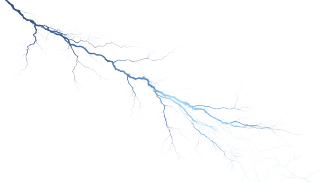 A diagonal blue lightning bolt isolated on transparent background streaks across the frame, showcasing the beauty and intensity of natures power