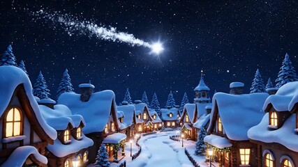 Whimsical Christmas village at night with snow-covered houses, sparkling trees, and a starry sky with a shooting star - Powered by Adobe