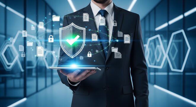 Professional Businessman with Holographic Shield and Digital Security Icons in Futuristic Office