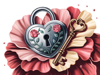 Heart-shaped silver padlock and vintage golden key resting on lush pink flower petals symbolizing romantic love